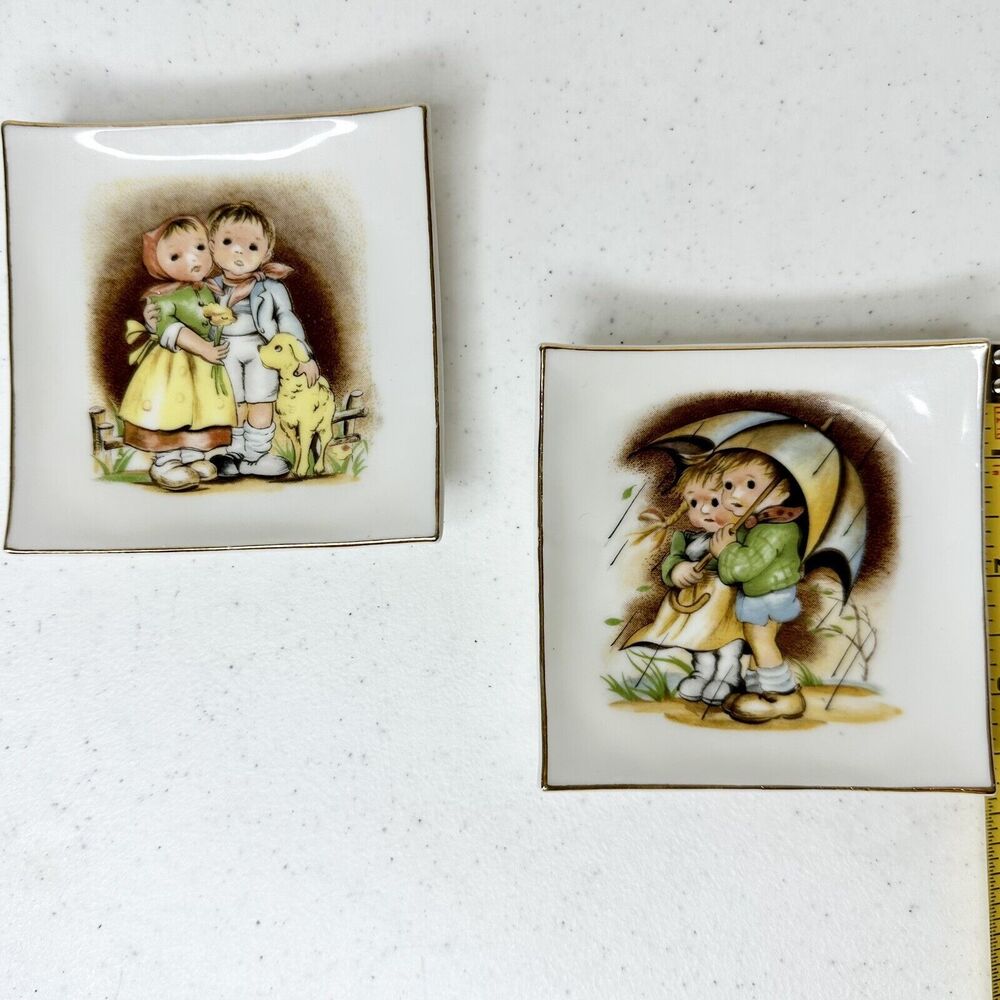 2 Vtg 1950's Small Square Trinket Dish/Hanging‎ Hummel Mini Decor Jewelry